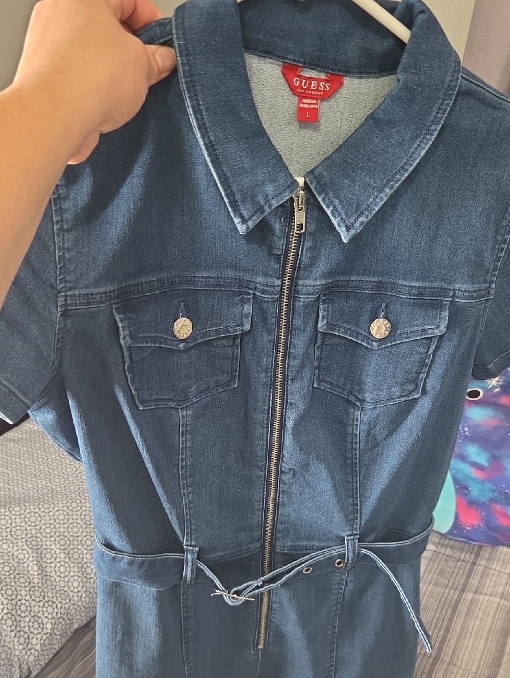 GUESS Dark Blue Denim Zip-Front Shirt Dress